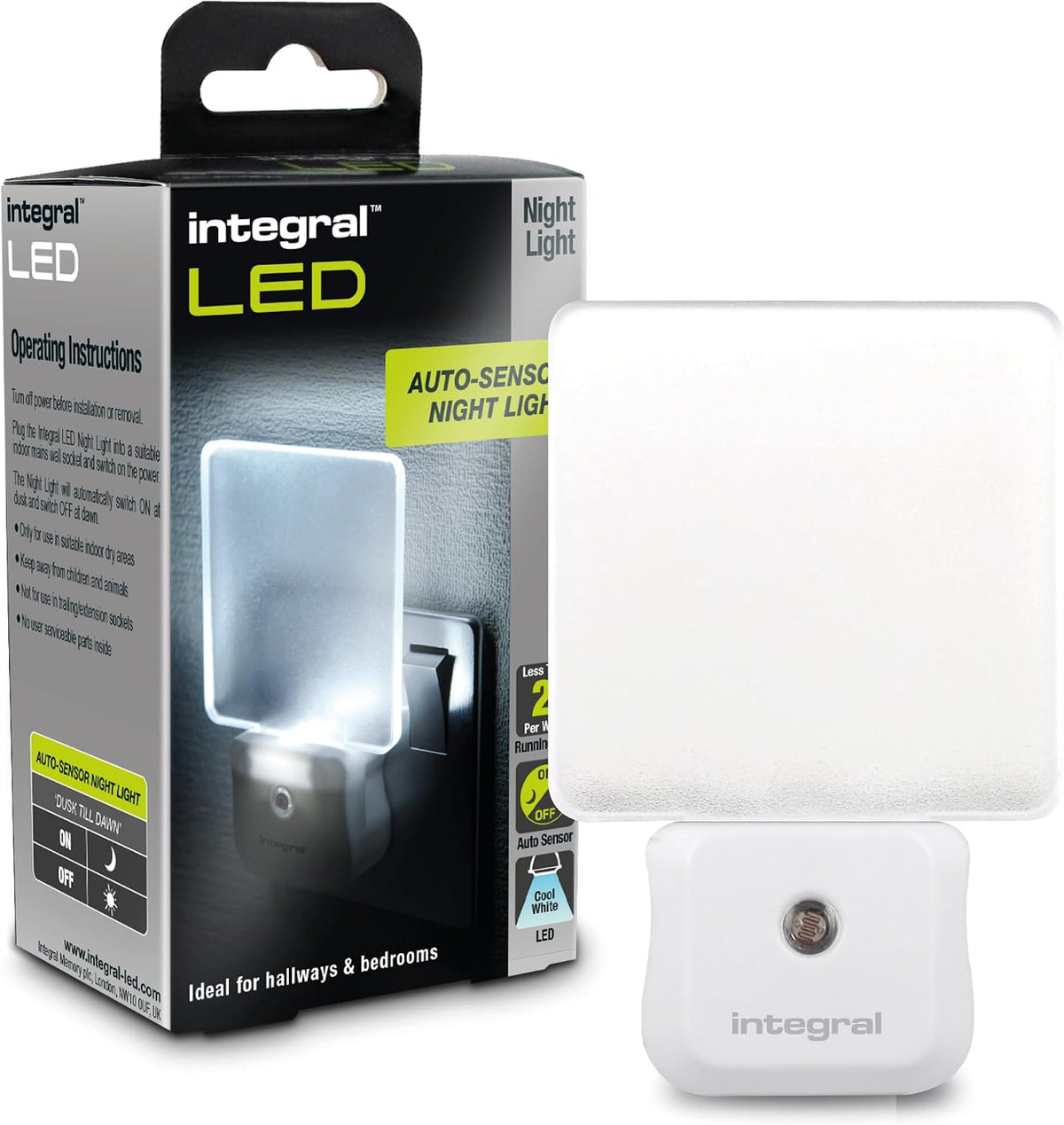Integral LED Plug-in Night Light with Dusk-to-Dawn Sensor | Auto On/Off | Soft Light | Transparent | Ideal for Bedrooms, Hallways, Stairs, Landings, Children’s Nursery