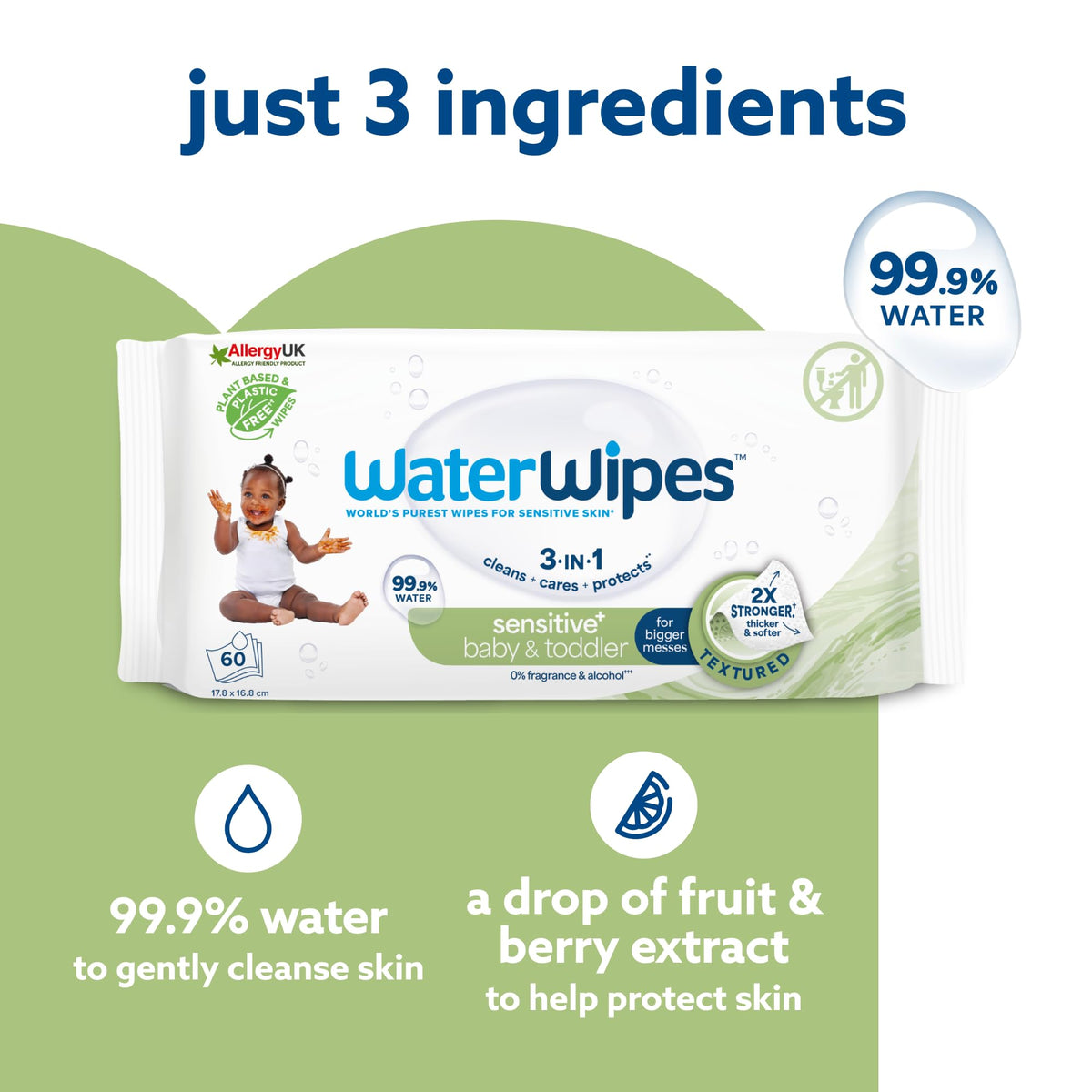 WaterWipes Sensitive+ Baby & Toddler Wipes, 99.9% Water, Unscented, 12 Pack