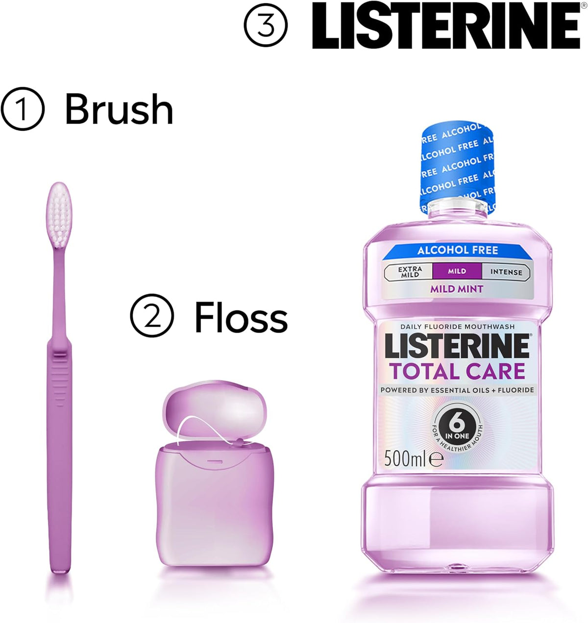 Listerine Total Care Mild Taste (Alcohol Free) Antibacterial Mouthwash (500ml), Fresh Mint Flavour with 6-in-1 Benefits, Helps Reduce Plaque and Freshens Breath