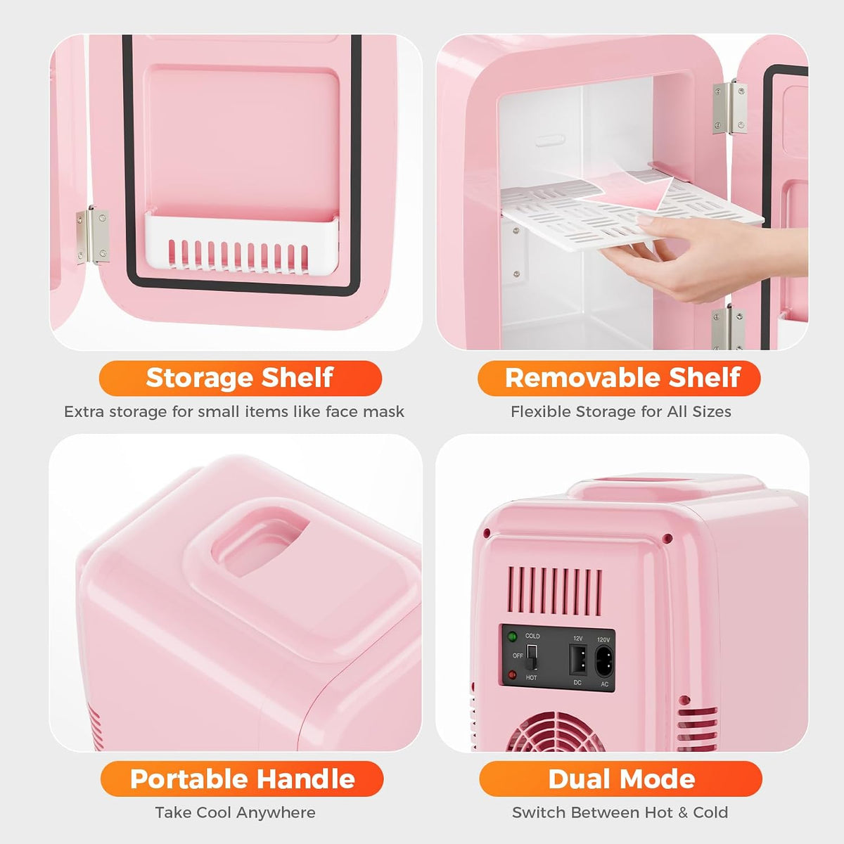 YASHE Mini Fridge, 4 Liter/6 Cans Portable Cooler and Warmer, AC/DC Power Small Fridge, Quiet Desk Skincare Fridge for Beauty Drinks Medicine, Mini Fridge for Bedrooms Office Dorm Car Travel, Pink