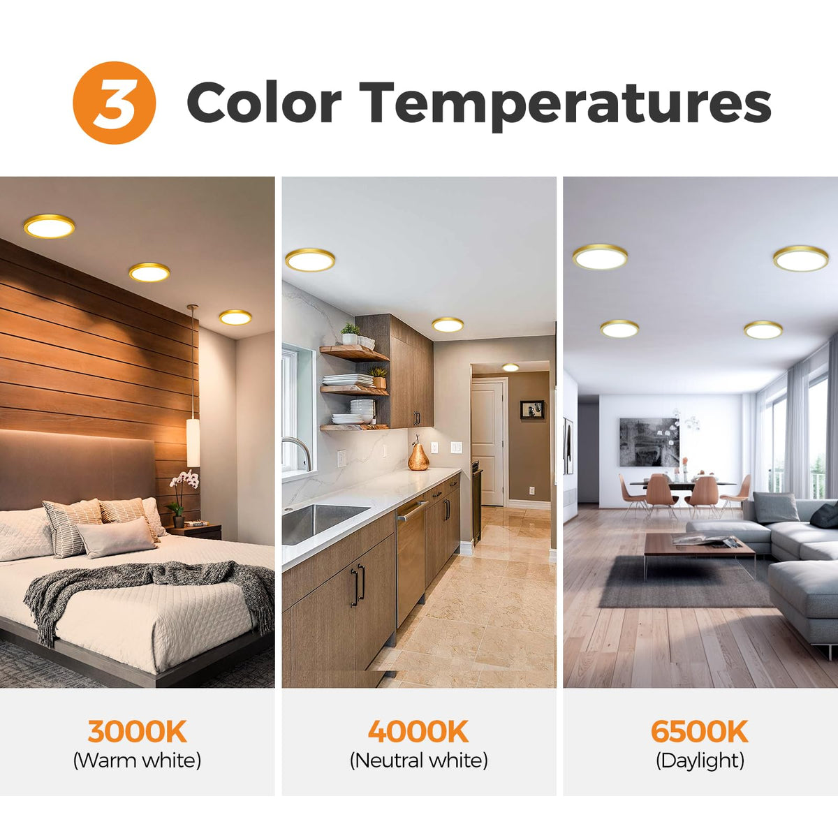 slochi Bathroom Light, 3000K/4000K/6500K 3 Color Temperature, Waterproof, Round, Modern, Flush Ceiling Light for Bathroom, Kitchen, Bedroom, Hallway and MoreØ18CM(Gold)