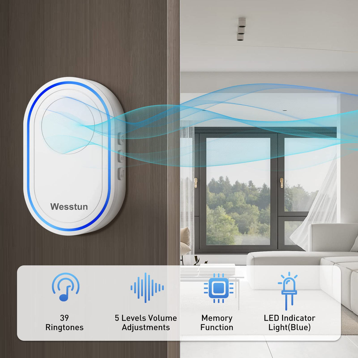 Wireless Doorbell, 300m Range with 39 Melodies, Easy Install, Black