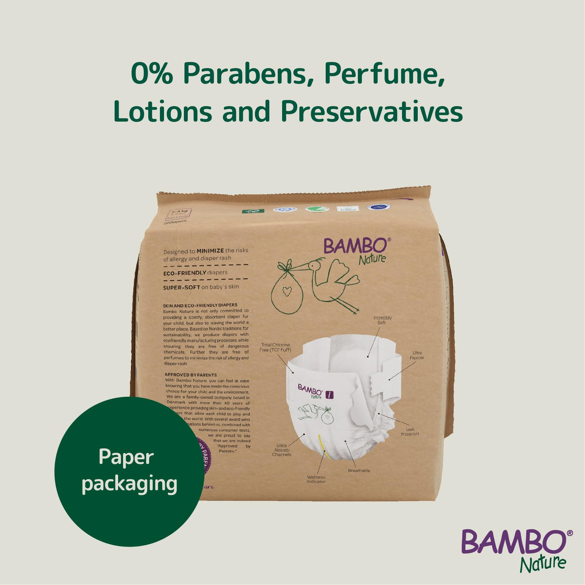 Bambo Nature Premium Eco Nappies, Premature Size 0 (2-7lb/1-3kg), XXS, Pack of 24, Eco-Labelled Nappies, Enhanced Leakage Protection, Secure and Comfortable Baby Nappy