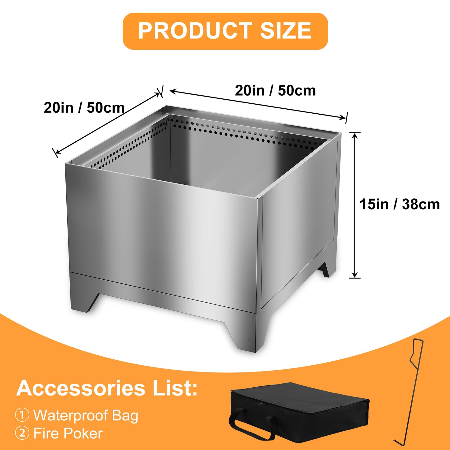 Smokeless Fire Pit with Removable Ash Pan, Fire Pits for Garden Wood Burning, Portable Camping Firepit, for Backyard Patio, Stainless Steel, Waterproof Bag & Poker Included, 50 x 38cm, Silver