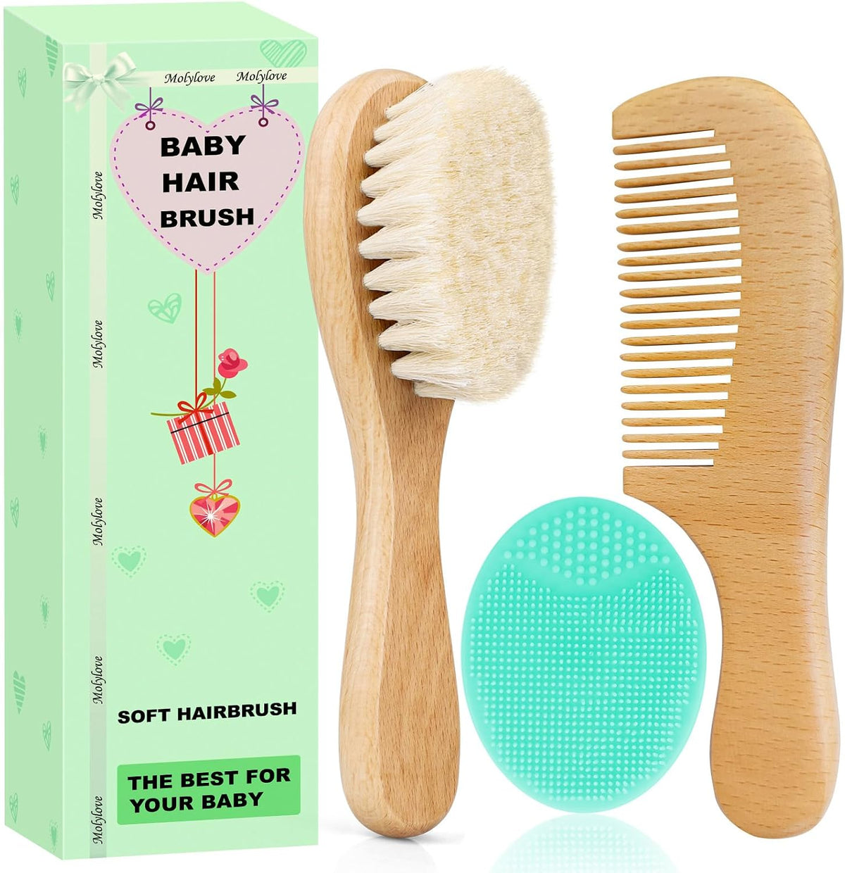 3PCS Baby Hair Brush with Wooden Handle and Comb Set for Newborns & Toddlers | Natural Soft Goat Bristles l Wood Comb l Green Cradle Cap Brush | Ideal for Cradle Cap