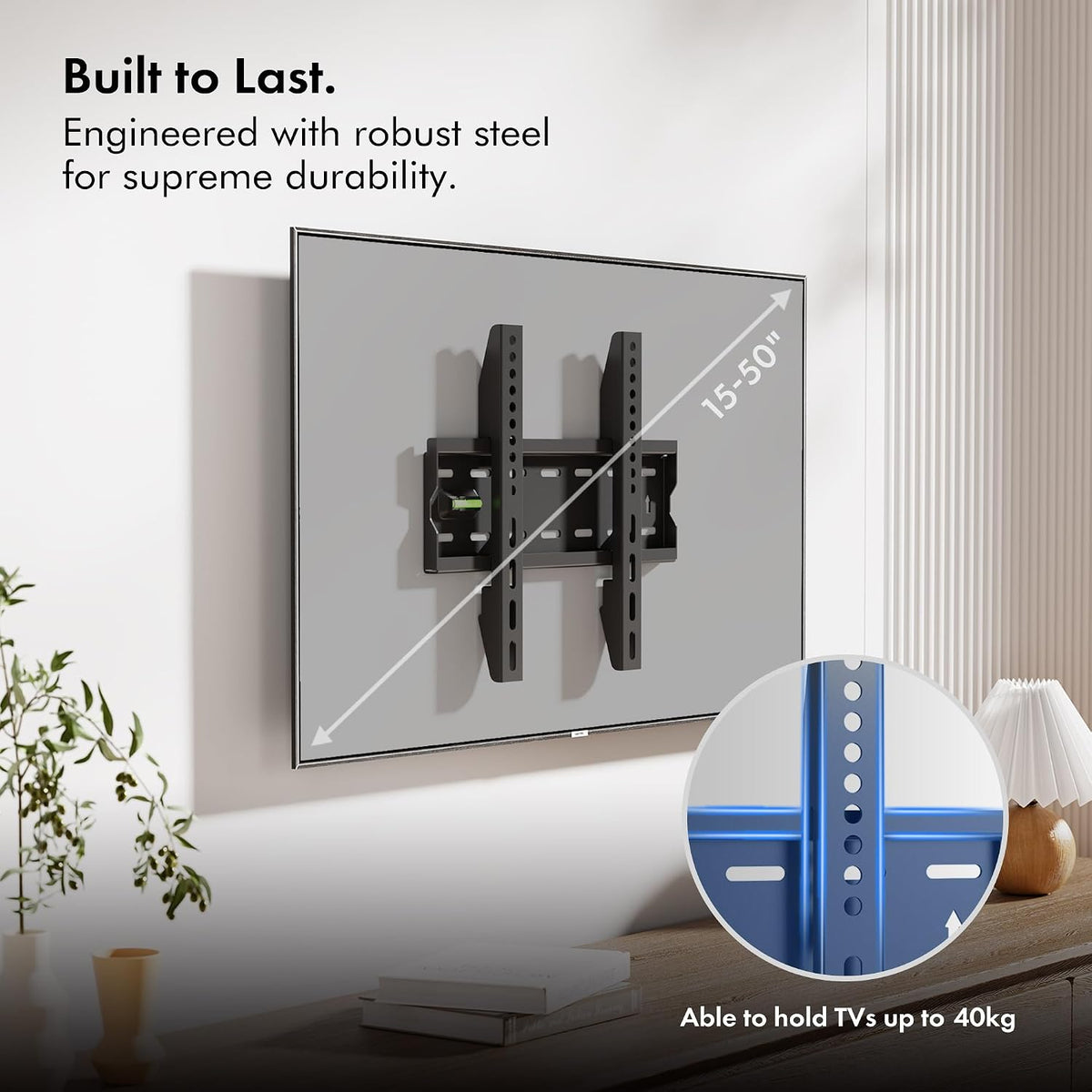 VonHaus TV Wall Bracket for 15-50" Screens, Ultra-Slim TV Bracket with Spirit Level, Flat to Wall Mount, 40kg Capacity, Max VESA: 300x200m