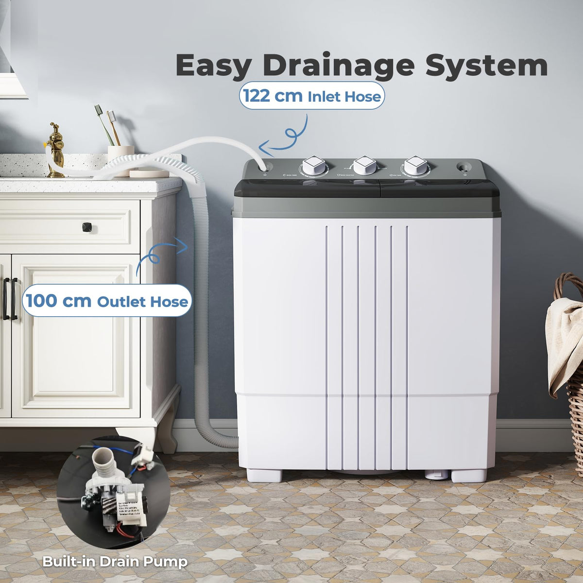 TANGZON Twin Tub Washing Machine, 8KG Portable Washing Machine Spin Dryer