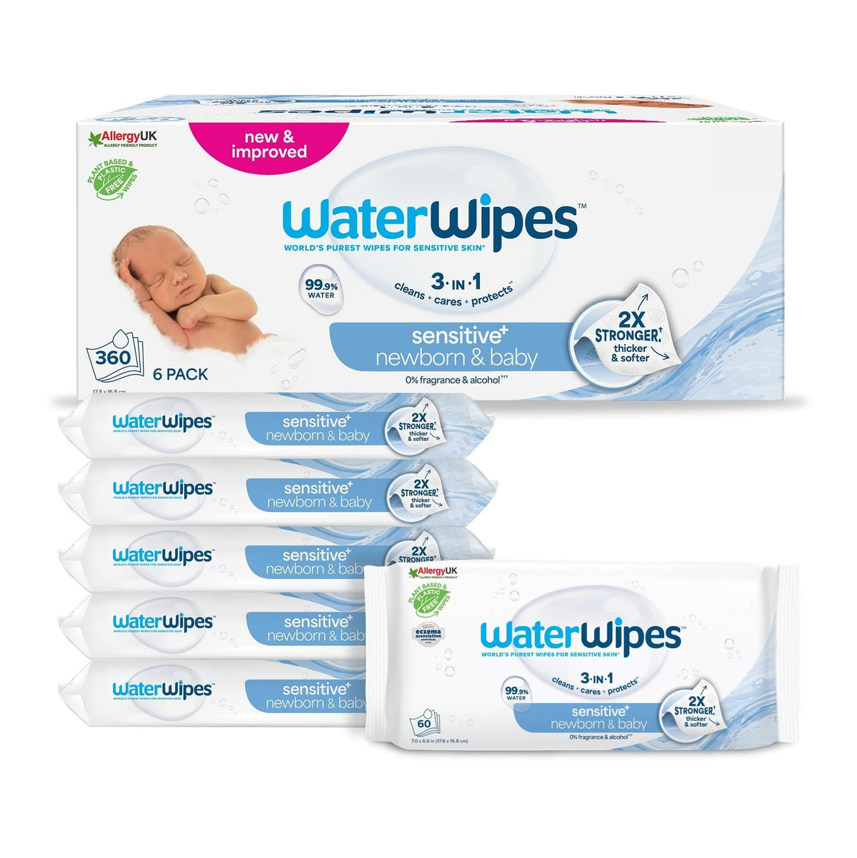 WaterWipes Sensitive+ Newborn & Baby Wipes, 99.9% Water, Unscented, 12 Pack