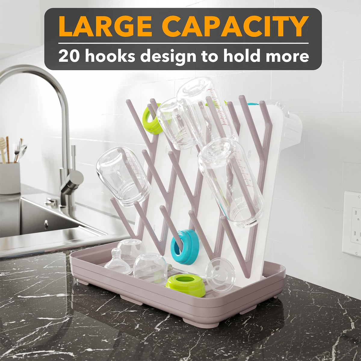 SpaceAid Baby Bottle Drying Rack with 20 Hooks, White and Gray