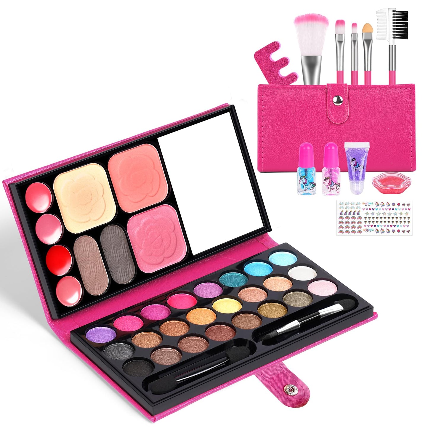 Aomig 33 Colors Kids Makeup Sets for Girls, 6 Pcs Princess Make Up Kit with 5 Brushes, Washable Children's Cosmetics Toys, Non-Toxic Makeup Kit, Cosmetic Beauty Set Gift for Kids Halloween Birthday