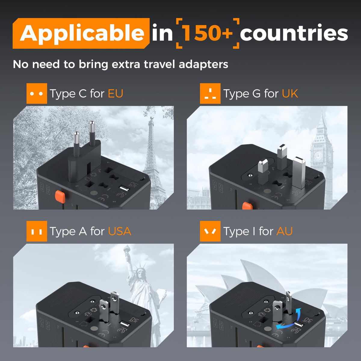 TESSAN Universal Travel Adapter Worldwide with 2 USB C and 2 USB A Ports