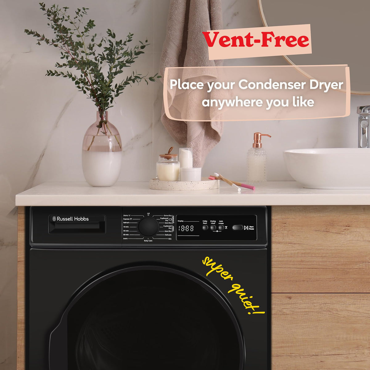 Russell Hobbs Freestanding Condenser Dryer Electric Tumble Dryer 15 Programmes 8kg Capacity 3 Heat Settings LED Display DelayStart Anti-Crease Child Lock Black Clothes Dryer RH8CTD111B