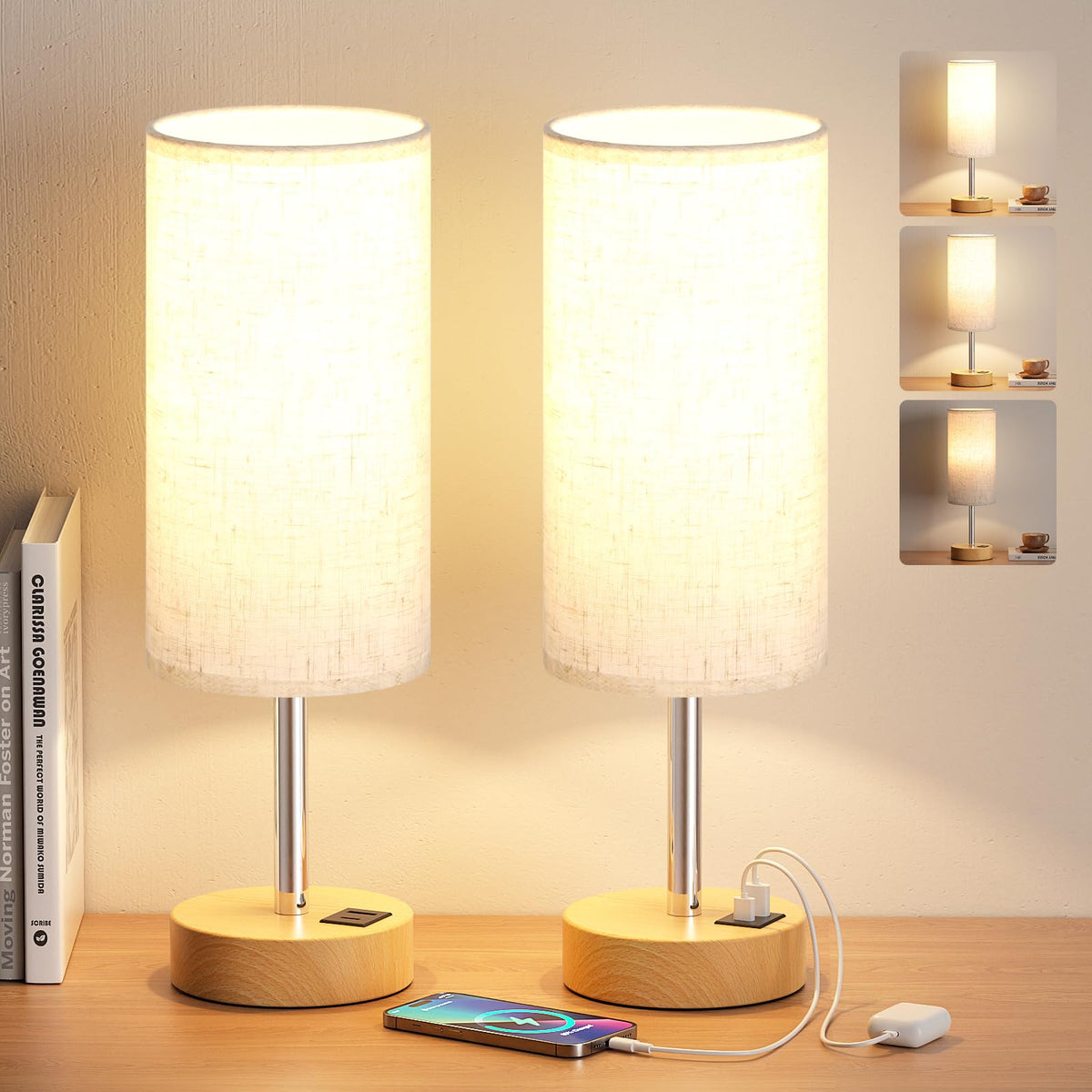 Aooshine Grey Table Lamp, 3-Way Dimmable, USB A + C Charging