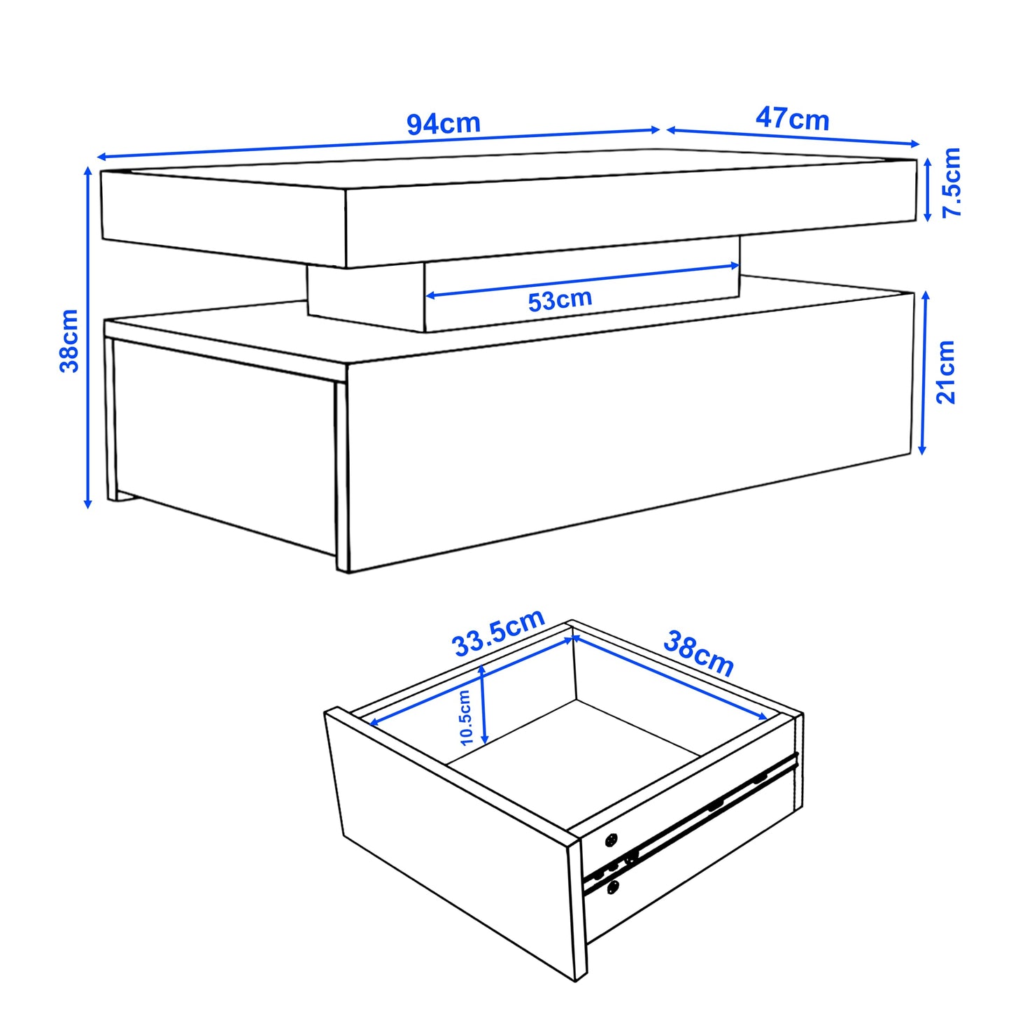Blisswood High Gloss Coffee Table for Living Room, Rectangle Centre Table with 2 Drawer Storage, Modern Wooden Tea Table with LED RGB Lights for Home, Office & Living Room Furniture - White