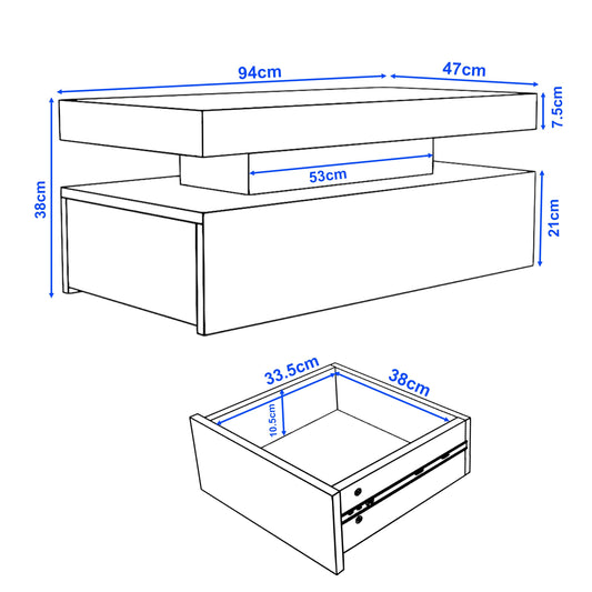 Blisswood High Gloss Coffee Table for Living Room, Rectangle Centre Table with 2 Drawer Storage, Modern Wooden Tea Table with LED RGB Lights for Home, Office & Living Room Furniture - White