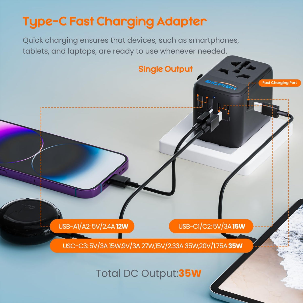 Bigfish Universal Travel Adapter with 35W USB-C PD Fast Charging (C3 Port)