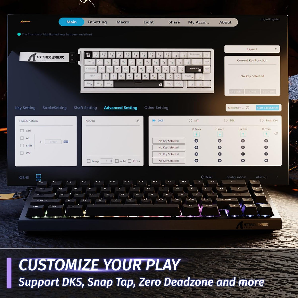 ATTACK SHARK X68 HE 8000Hz Rapid Trigger Keyboard, 0.01mm RT Accuracy Wired Gaming Keyboard with Magnetic Switch, Adjustable Actuation, Rapid Trigger, Snap Tap, RGB Lighting for PC/Mac, Black