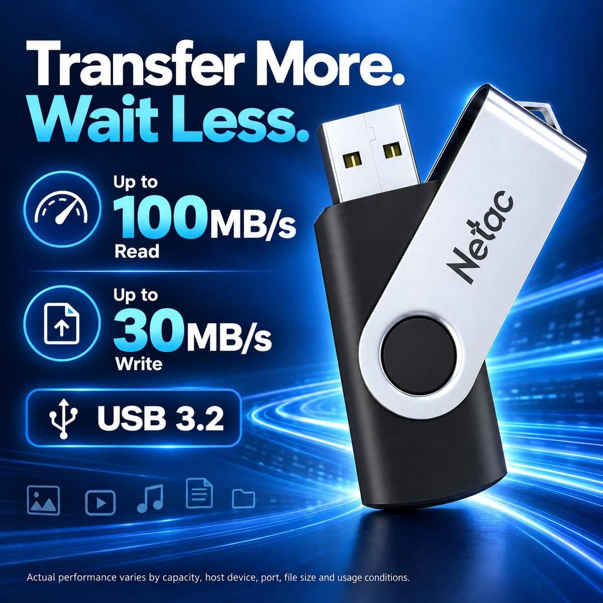 Netac 64GB USB 2.0 Flash Drive, Swivel Design Memory Sticks, Pen Drive, Usb Sticks for Data Storage, Zip Drive and jump Drive with LED Light