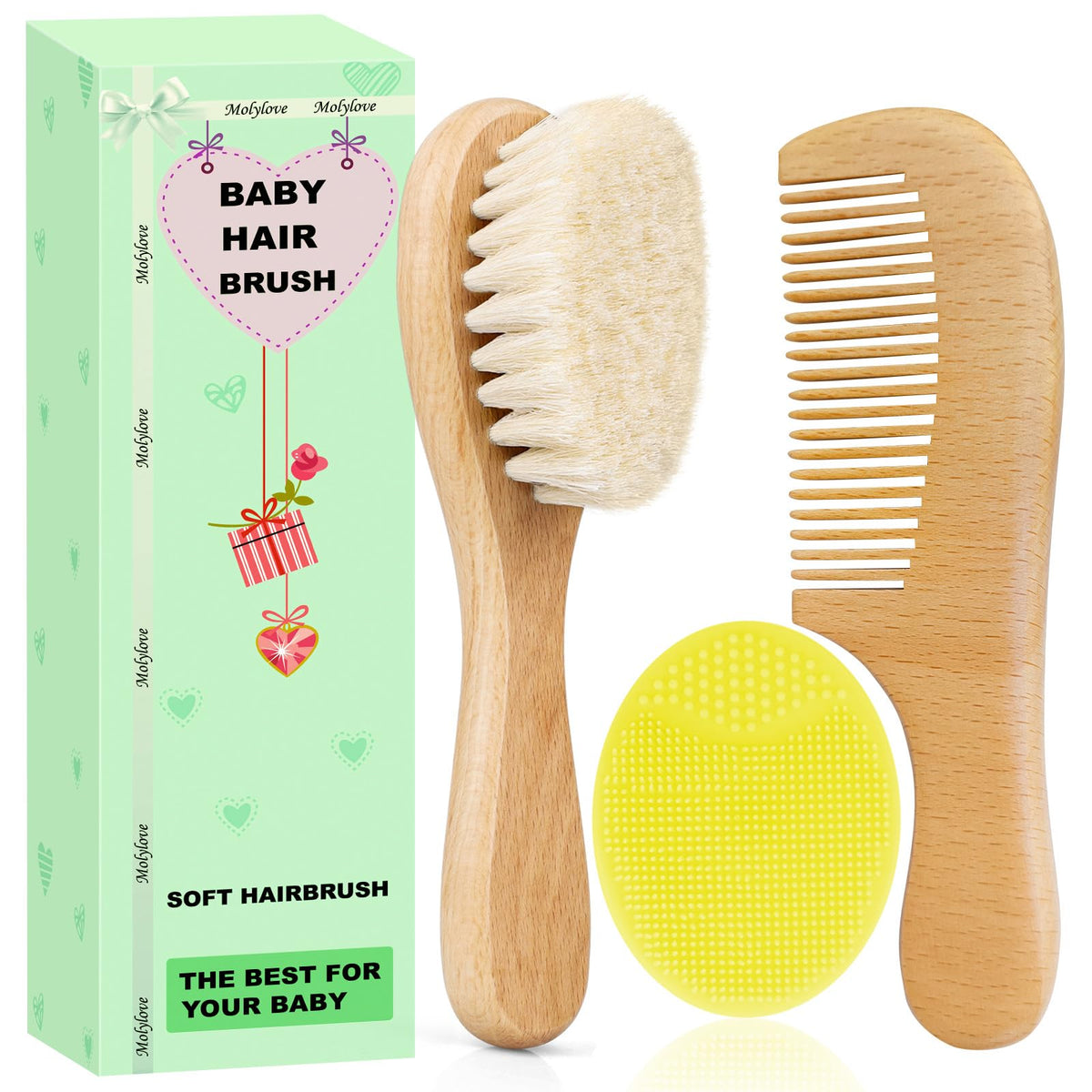3PCS Baby Hair Brush with Wooden Handle and Comb Set for Newborns & Toddlers | Natural Soft Goat Bristles l Wood Comb l Green Cradle Cap Brush | Ideal for Cradle Cap
