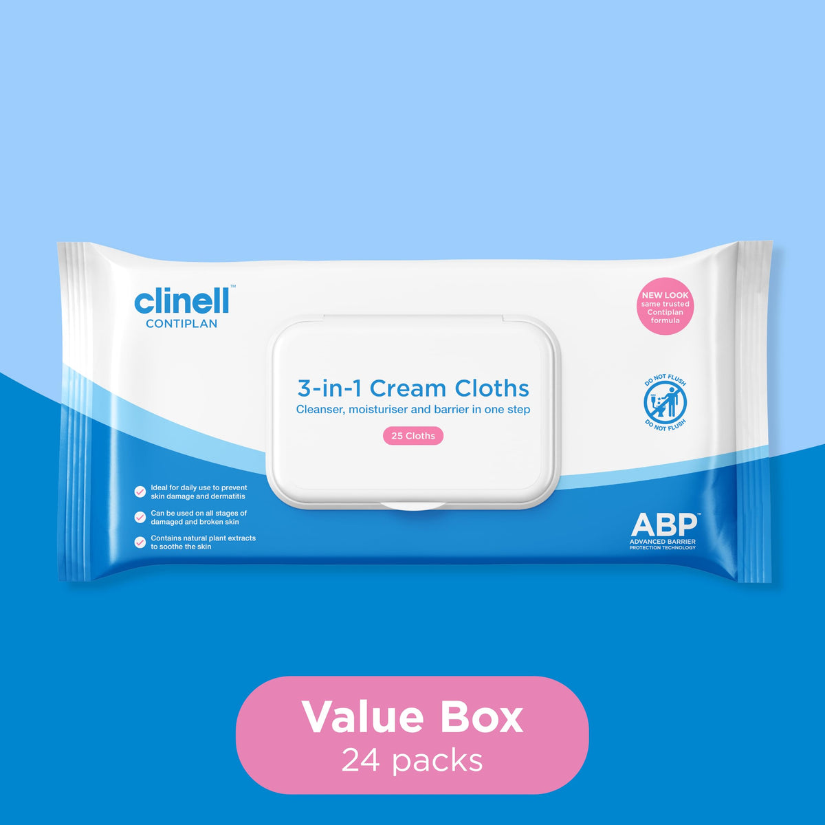 Clinell CONTIPLAN Incontinence Cleansing Cloths with Barrier Cream - All in One Cleansing Wipes Cleanses, Soothes and Moisturises - Pack of 25 Cloths