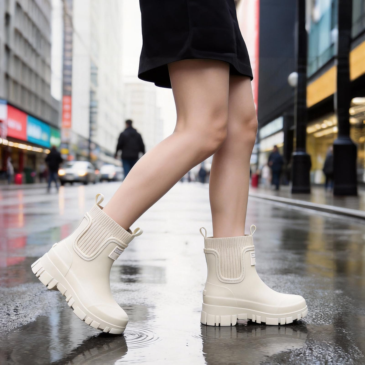 FOGOIN Women Chelsea Rain Boots Mid-Calf Waterproof Lightweight Non-Slip Garden Booties Warm Lined Comfortable Slip On