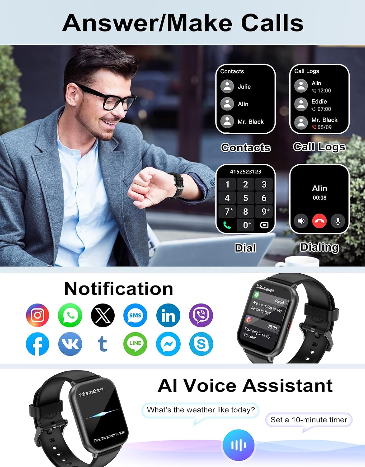 RUIMEN Smart Watch Answer Dial Call,Smart Watches for Women Men 1.85" HD Screen Fitness watch with SpO2 Heart Rate Sleep Monitor Step Counter Waterproof 100+ Sports Mode for Android iOS (2 Bands)