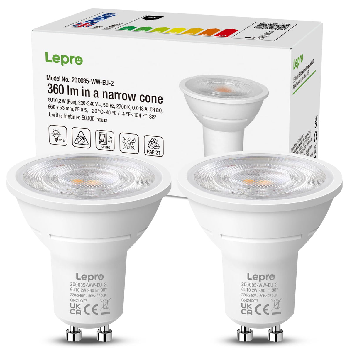 Lepro GU10 LED Bulbs Warm White, Energy Class A, 2W=50W, 50000H Long Life