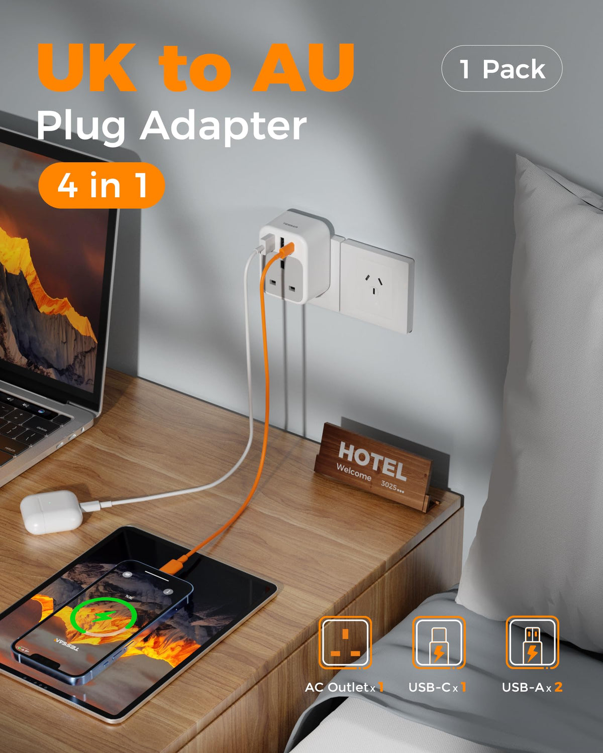 TESSAN UK to Italy Plug Adapter, Grounded Type L Travel Adaptor with USB C