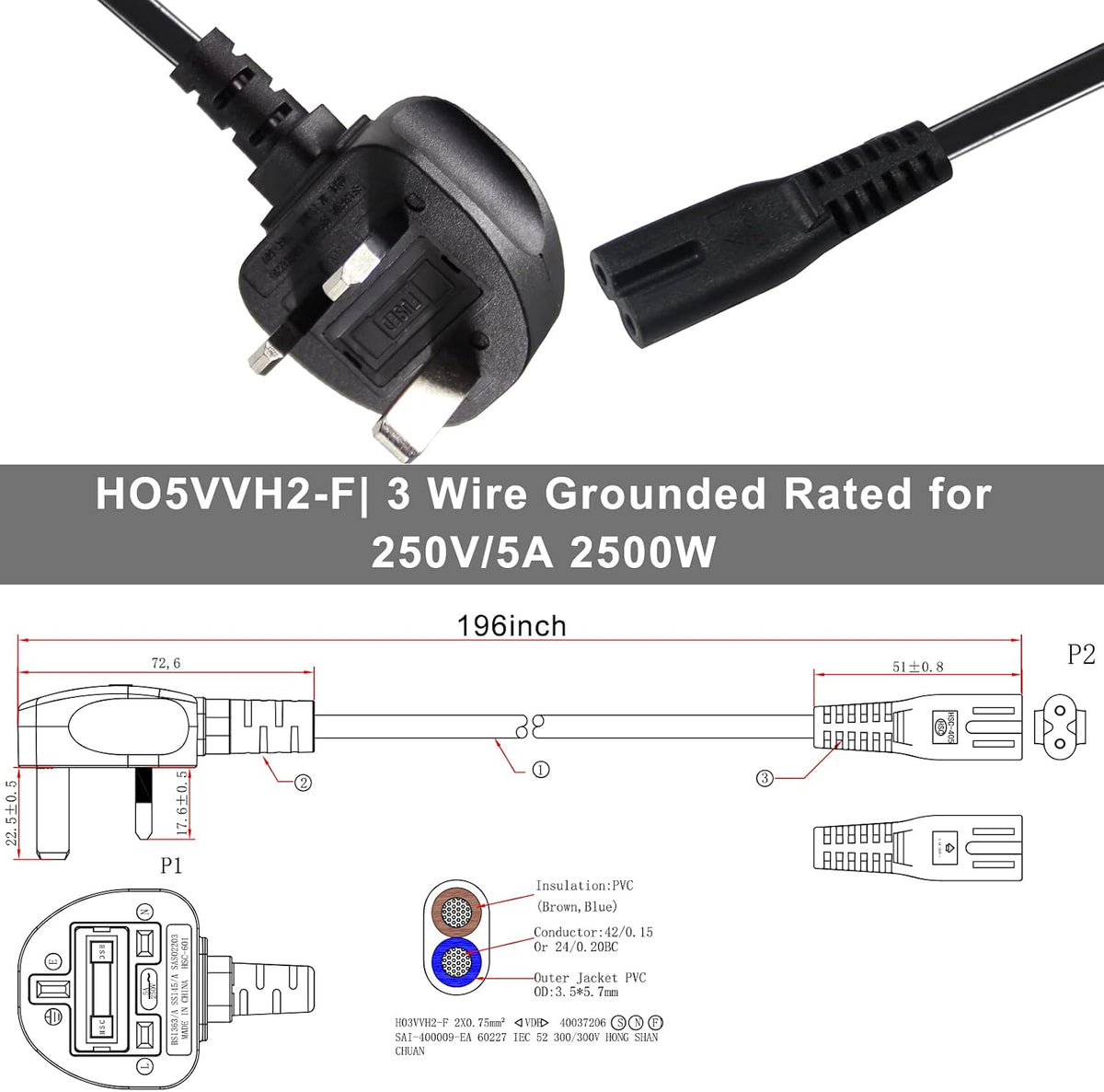 power 5M UK 3PIN Plug to IEC C7 Figure 8 Replacement Mains Cable Compatible with PS5, Xbox Series X, tv, Samsung, LG, Sony