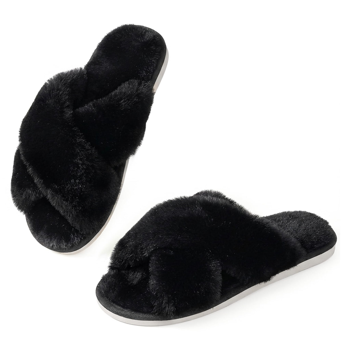 Ankis Women Slippers Fluffy Slippers Memory Foam, Cross Band Furry Open Toe Slippers Cozy Plush Home Shoes Indoor Outdoor Anti-Slide Slipper