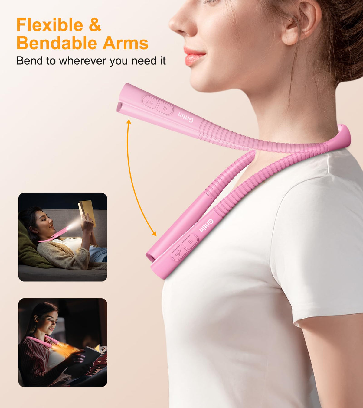 Gritin Book Light, Eye Caring 4-Color&5-Brightness Neck Light Reading Lamp