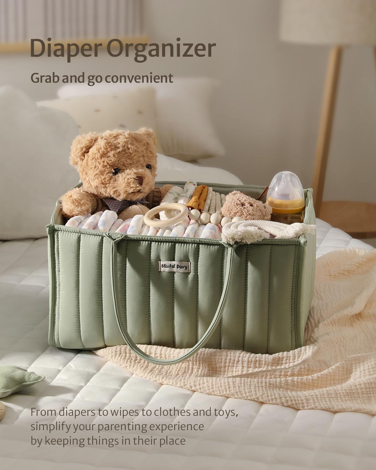 Blissful Diary Nappy Caddy Organiser, Baby Diaper Caddy for Nappy Station, Stylish Storage Basket for Newborn Essentials, Baby Shower Gifts for Girl or Boy, Woodland Cream