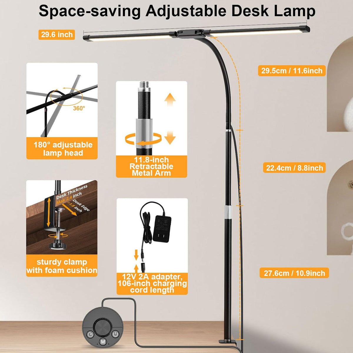 Woputne Dual Head Led Desk Lamp with Clamp for Home Office Study, 24W,Black