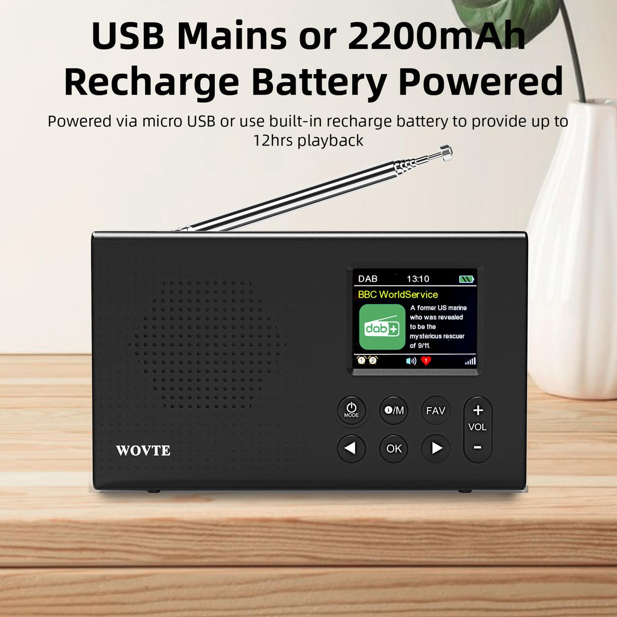 DAB Radio Portable, WOVTE DAB+ Digital Radio Rechargeable FM Radio