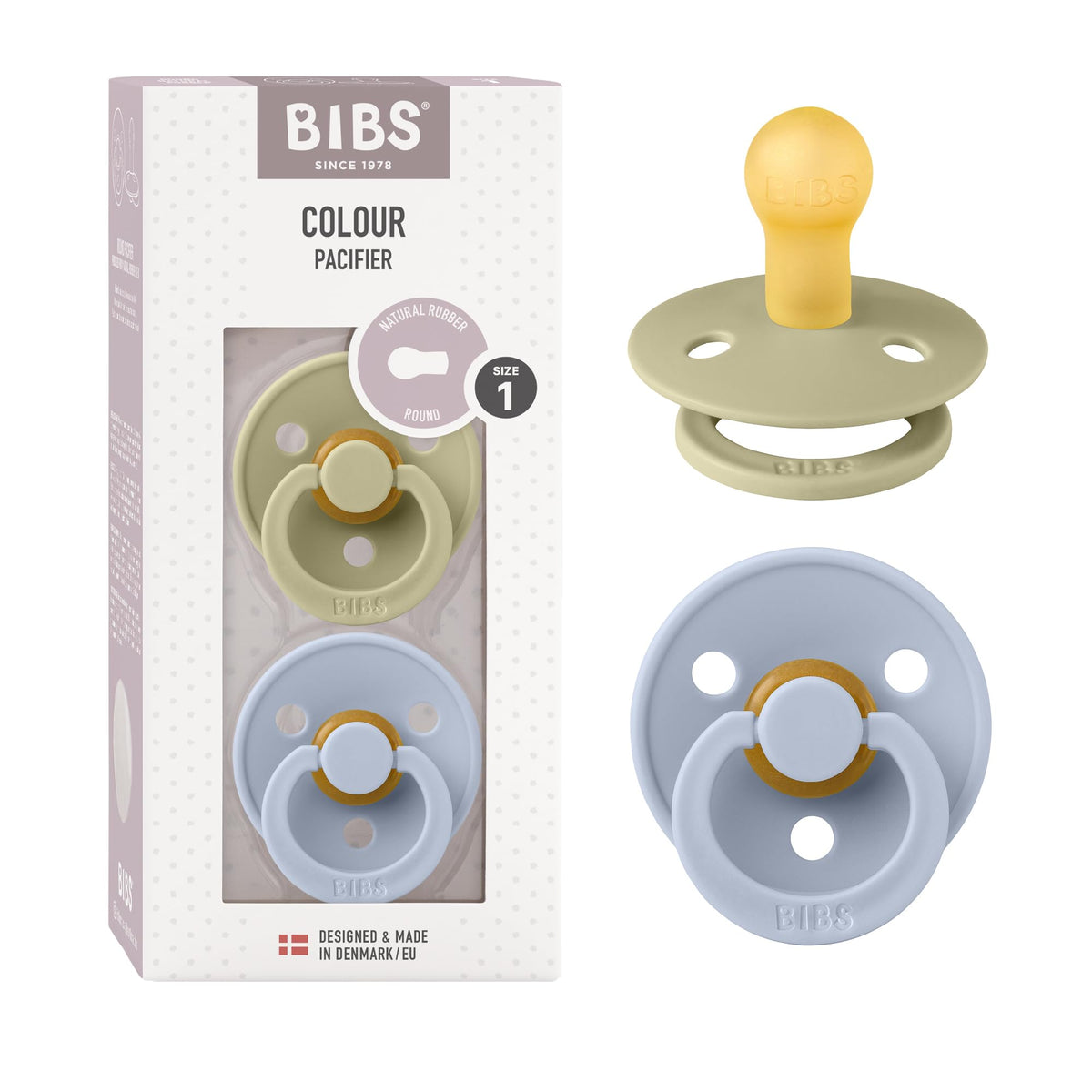 BIBS Colour Soother 2-Pack, BPA Free Dummy Pacifier, Round Nipple. Natural Rubber Latex, Made in Denmark, Size 2 (6-18 Months), Baby Blue