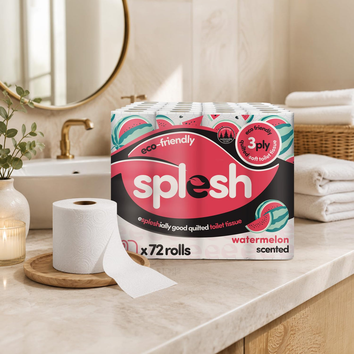 Splesh by Cusheen Toilet Roll 72 Rolls - Aloe Vera Scent Bulk Family Pack | Soft 3 Ply Quilted Bathroom Tissue Loo Rolls | Eco-Friendly, Sustainable Toilet Paper
