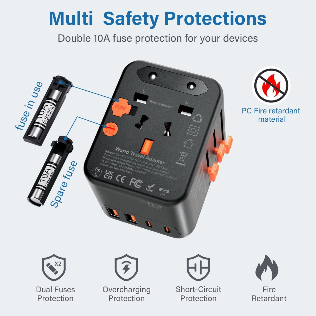 Universal Travel Adapter Worldwide with 2 USB C and 2 USB A Ports