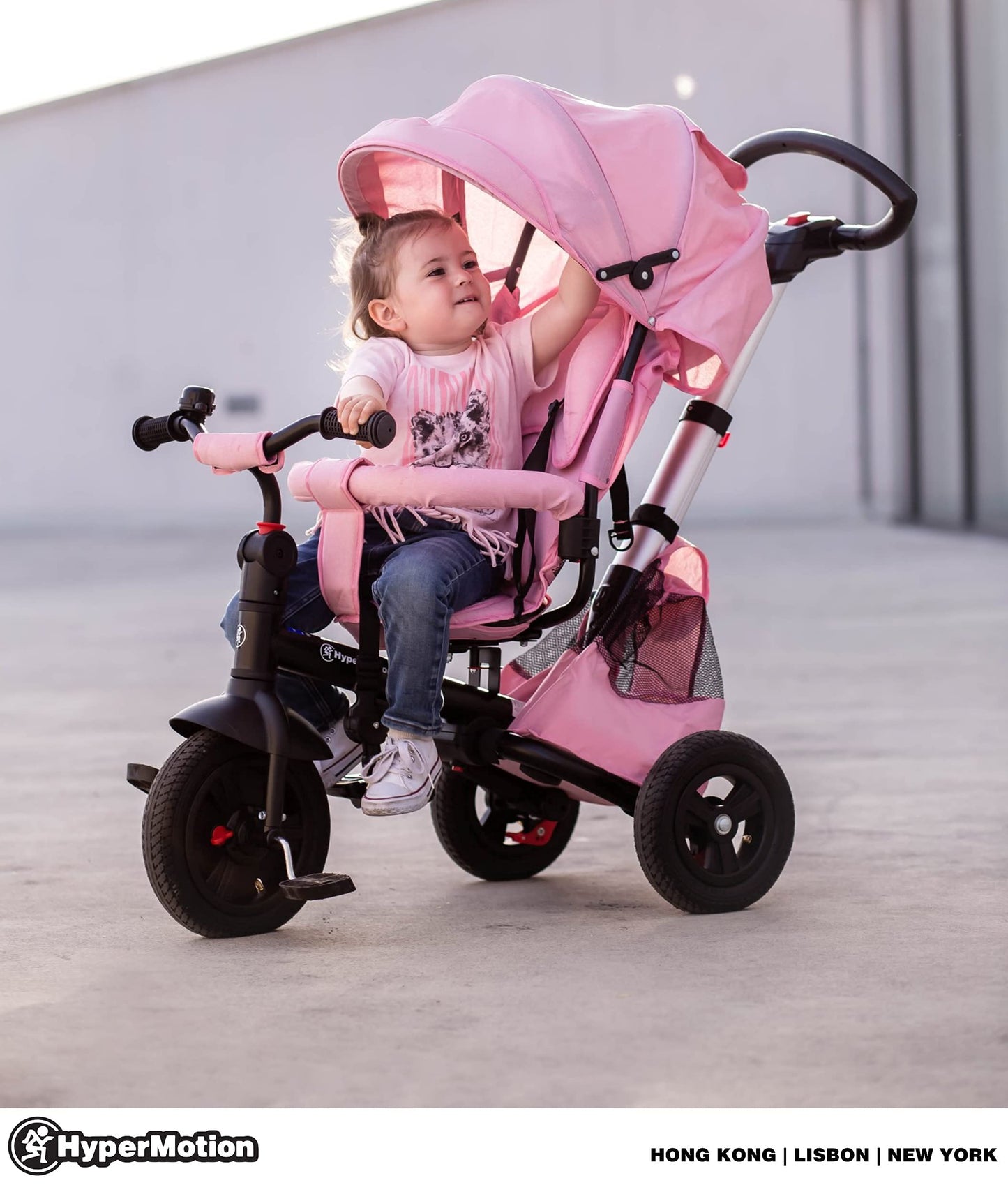 HyperMotion Toddler Tricycle with Parent Handle, Canopy, Safety Belt & Basket — From 12 Months