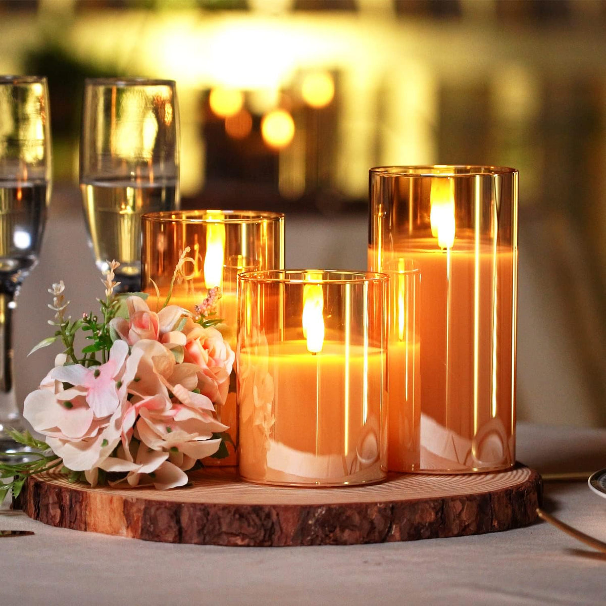 Homemory Real Wax LED Candles Flickering, Clear Glass Shell, Gold, Set of 3