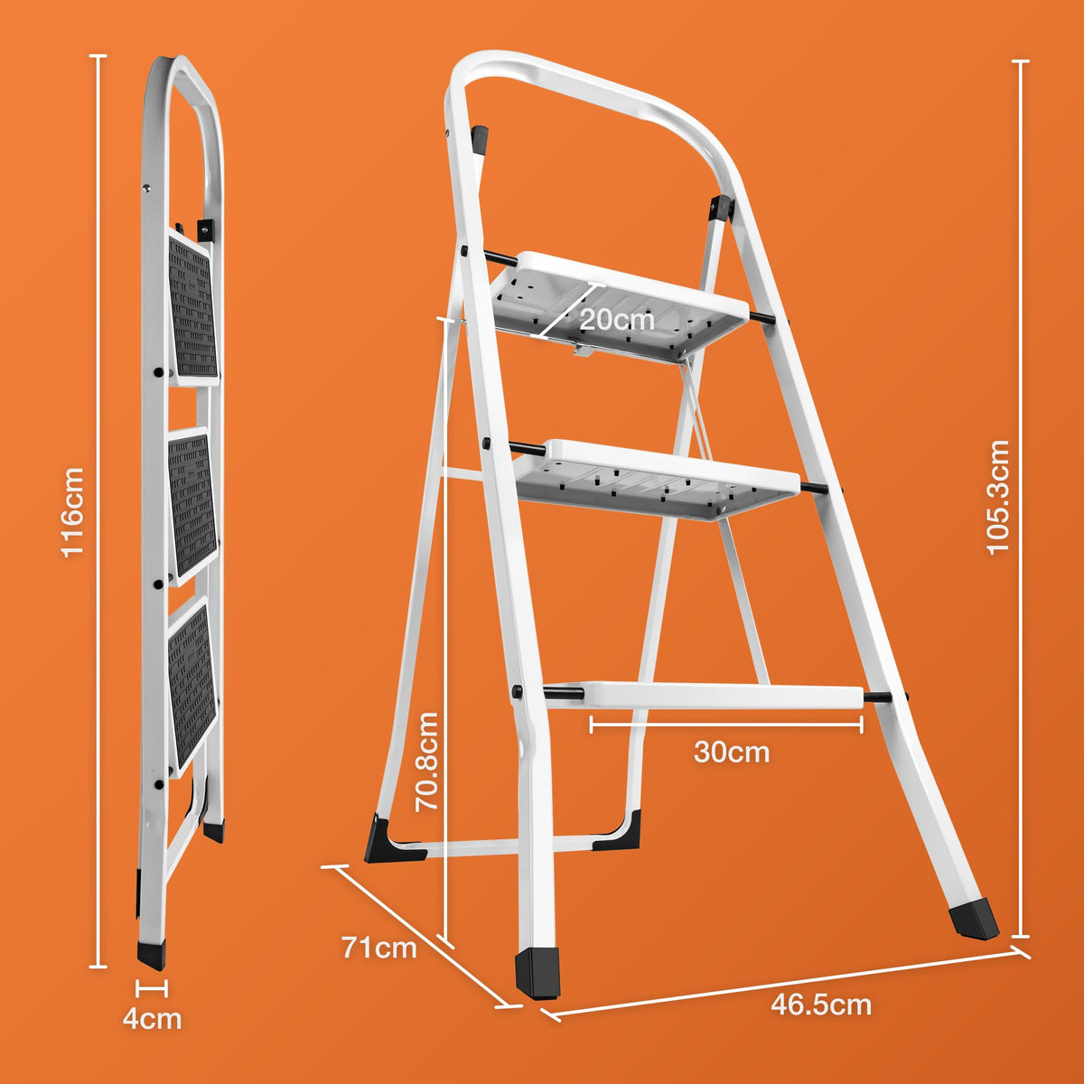 VonHaus 3 Step Ladder – Premium Quality Folding Step Ladder for DIY and Gardening - Anti Slip Feet, Easy to Store Ladder, 150KG Max Capacity - Durable Steel