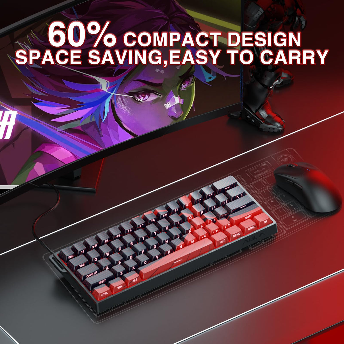 AULA WIN60 HE Mechanical Gaming Keyboard Wired,Hall Effect Magnetic Switches,Adjustable Actuation Rapid Trigger,8K Polling Rate,RGB Backlight,60% Percent Keyboard for Mac/Win (BLACK) (Pack of 2)