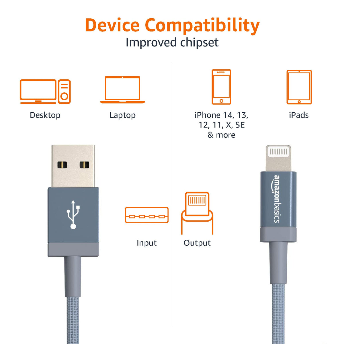 Amazon Basics USB-A to Lightning Charger Cable, Nylon Braided Cord, MFi Certified for Apple iPhone 14 13 12 11 X Xs Pro, Pro Max, Plus, iPad, 0.9 m, Silver