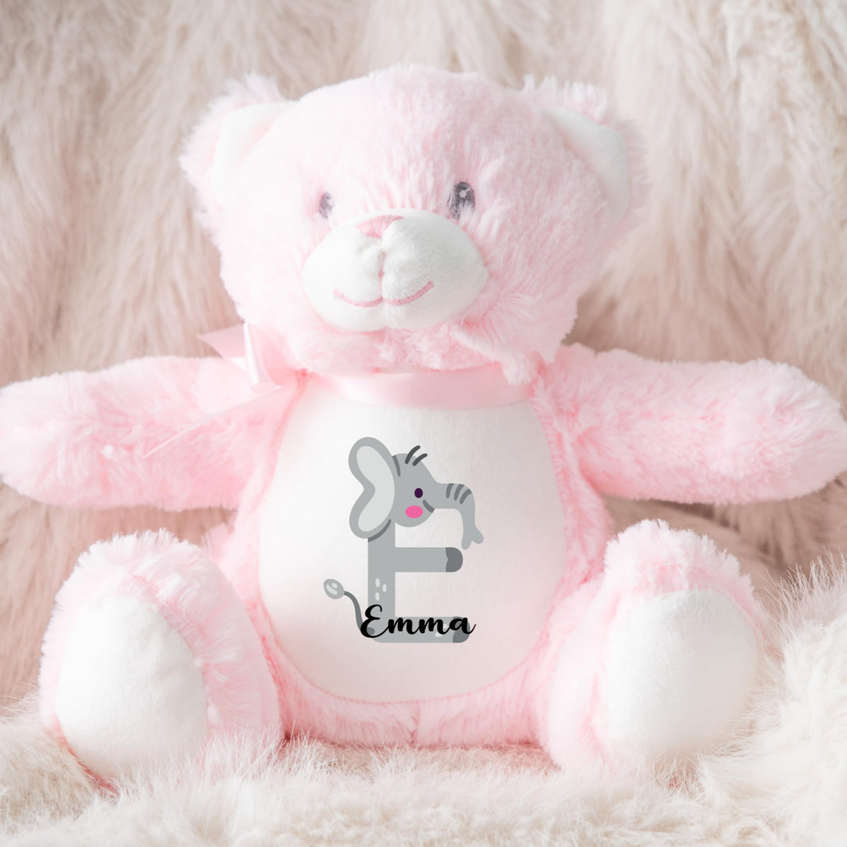 Crafted Memories - Personalised Teddy | Velveteen Bunny Soft Toy | Customisable Name for Newborns | Keepsake for Boys & Girls | Baby Shower Item | Pink Initial | Grey or White, 20-23cm