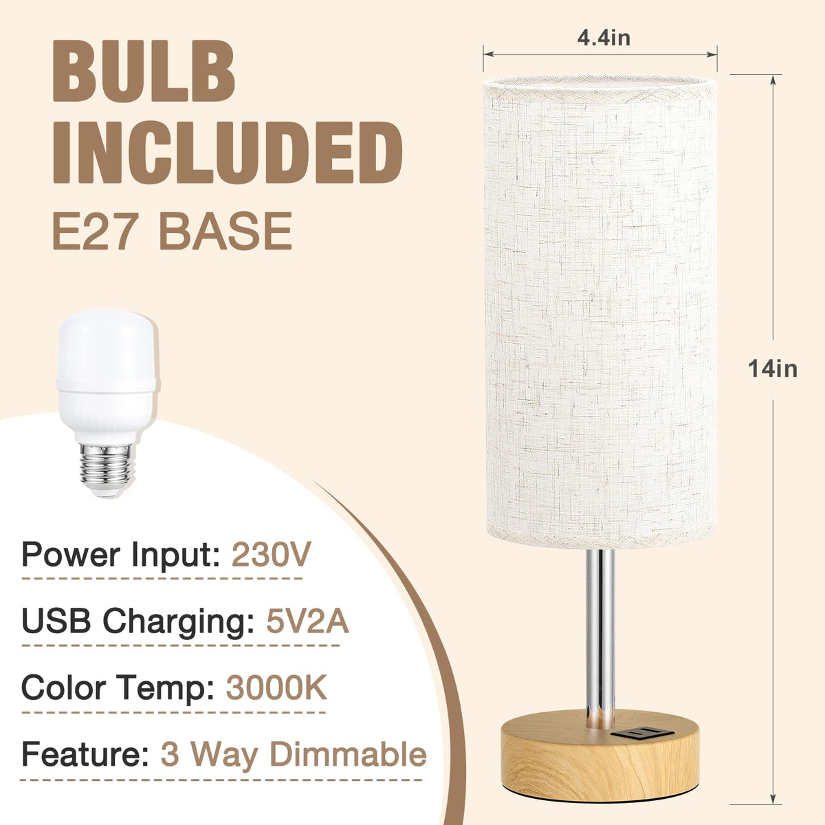 Aooshine Grey Table Lamp, 3-Way Dimmable, USB A + C Charging