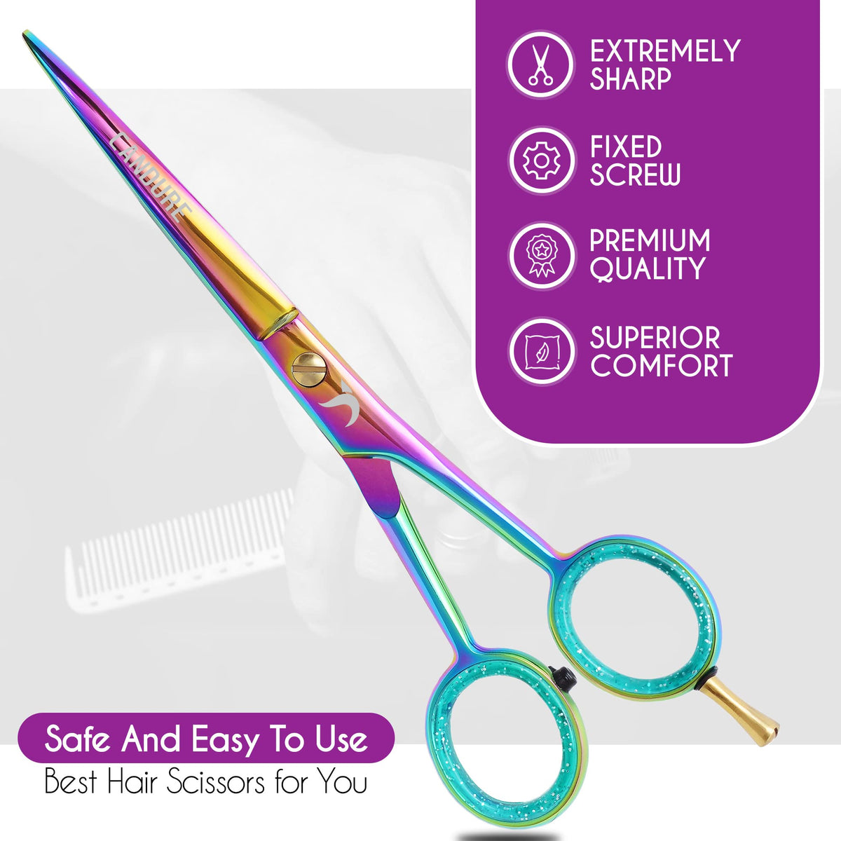 Candure Hairdressing Scissor with Comb & Leather Pouch 6.5" - Hair Scissor for Professional Hairdressers, Barbers Stainless Steel Hair Cutting Shears for Salon, Men, Women, Children and Adults Black