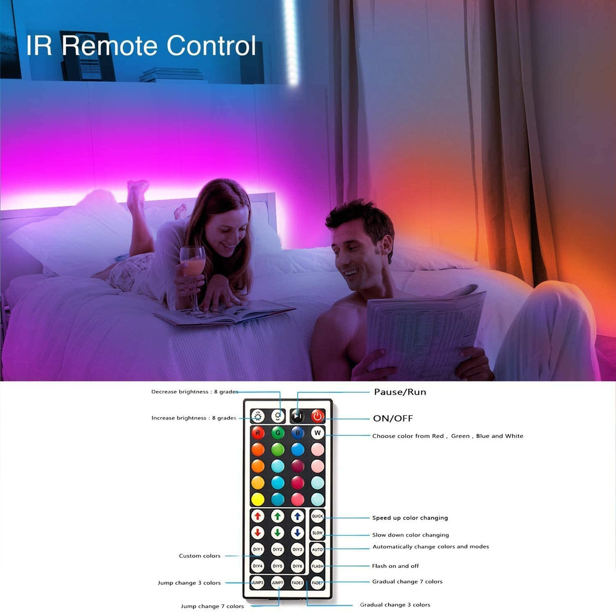 phopollo 5m RGB LED Strip Lights with Remote for Bedroom, Party.24V 5050 RGB, 44-Key Remote, Flexible Adhesive, Bedroom/Party Use