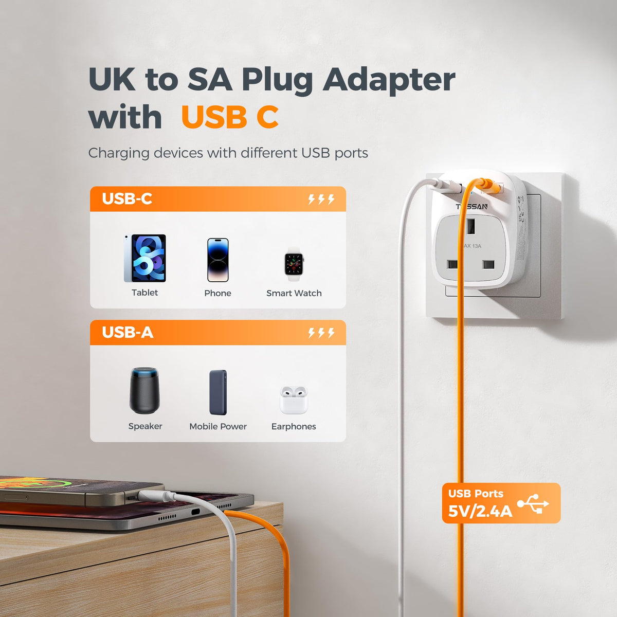 TESSAN UK to Australia Plug Adapter, Type I AU NZ Travel Adapter with USB C