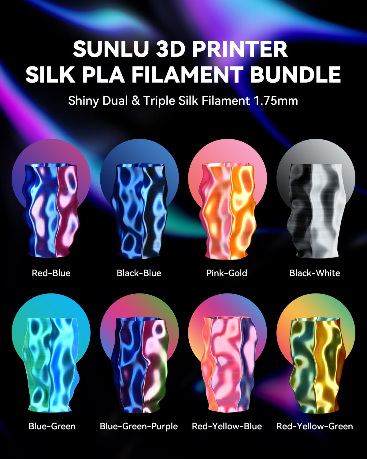 SUNLU Silk PLA+ Filament, Shiny Metallic Silk 3D Filament 1.75mm