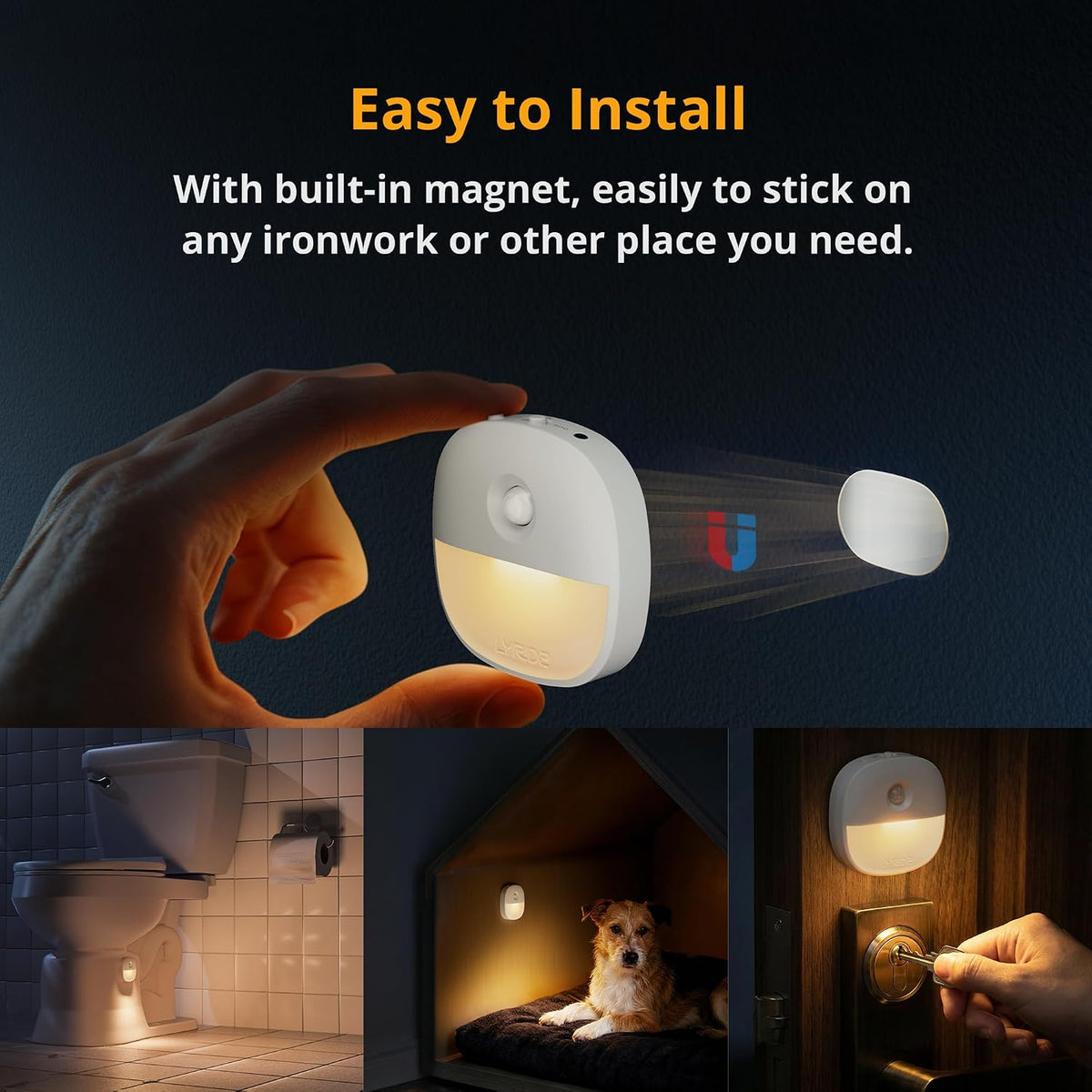 Lyridz Motion Sensor Night Lights (3 Pack), USB Rechargeable Night Light, Motion Sensor Lights Indoor ON/Off/AUTO Modes with Removable Magnetic Stick on Cupboard, Stair, Hallway, Bedroom (Warm White)