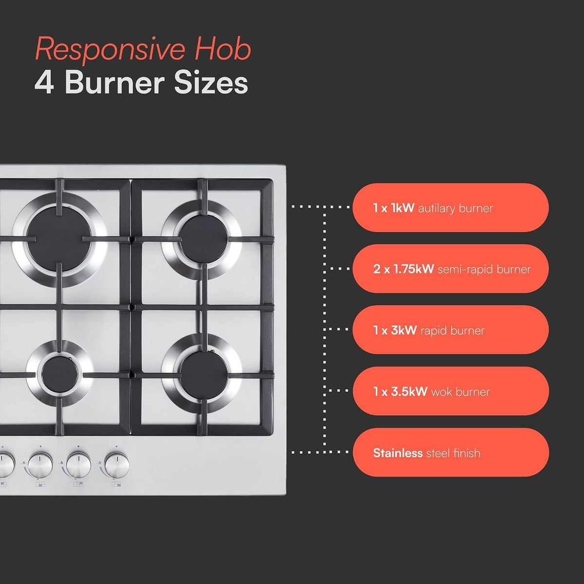 Cookology 70cm 5-Burner Gas Hob - Wok Burner - Stainless Steel